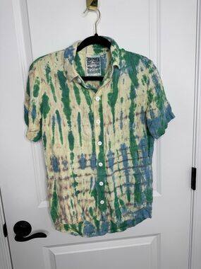 Jungmaven Men's Green Blue Tie-Dye Short Sleeve Button-Up Hemp Shirt XS